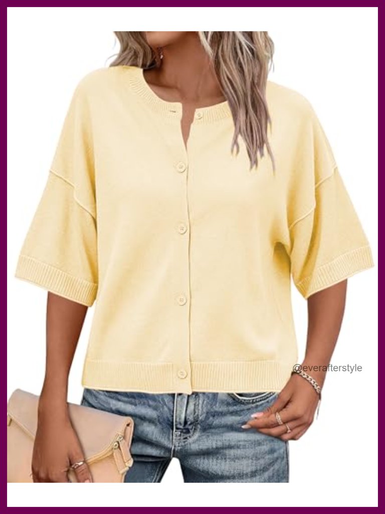 Short Sleeve Button Up Casual Soft Lightweight Cardigan Sweater Knit Tops
